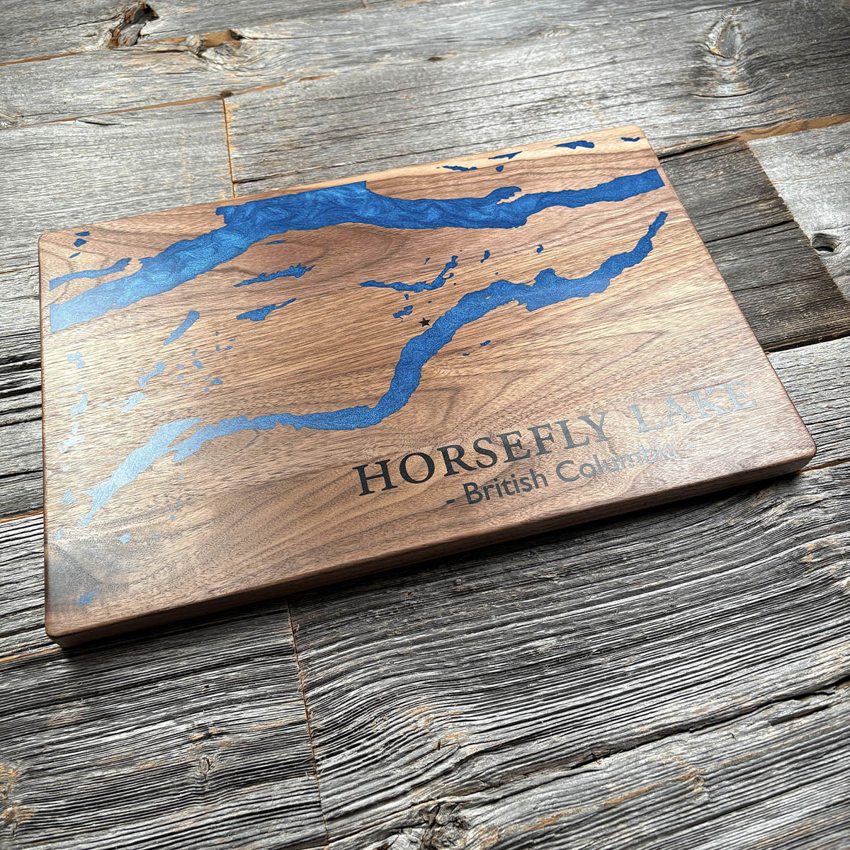 Epoxy map of Horsefly Lake, British Columbia, Canada, handmade by Keyway