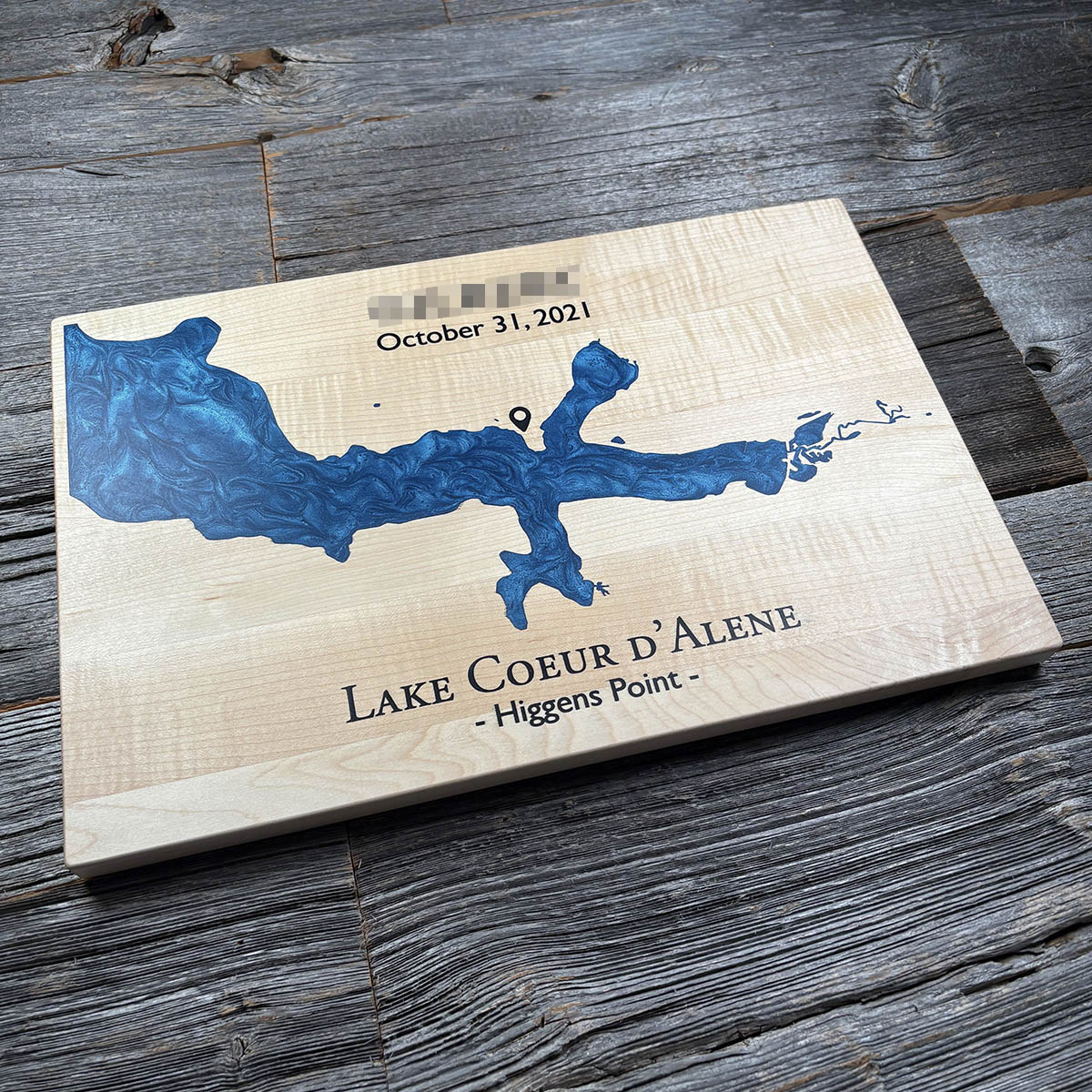 Epoxy map of Lake Coeur d'Alene, Idago, USA, handmade by Keyway