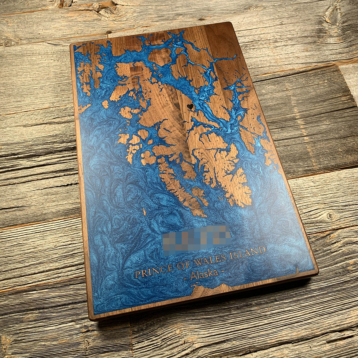 Epoxy map of Prince of Wales Island, Alaska, USA, handmade by Keyway