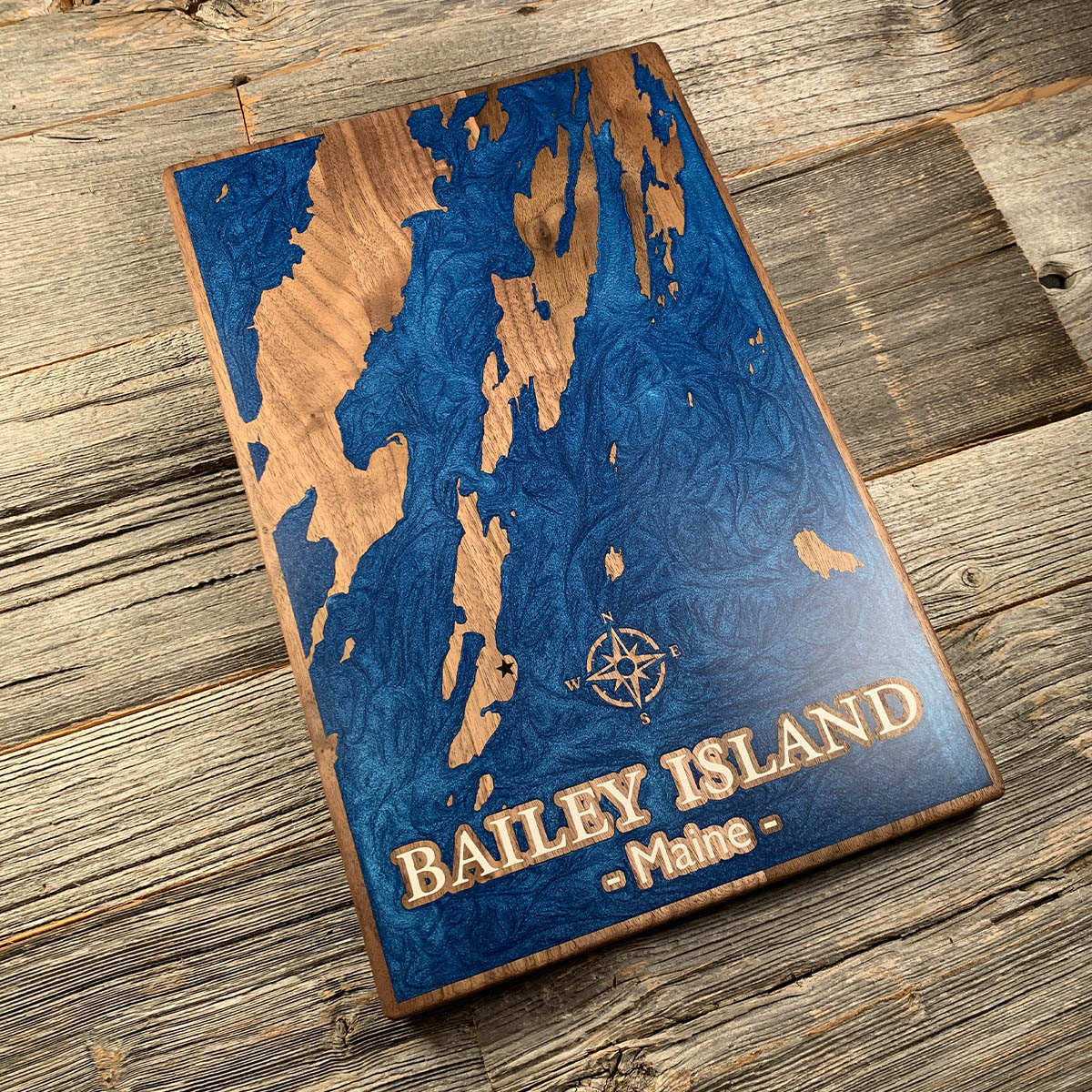Epoxy map of Bailey Island, Maine, USA, handmade by Keyway