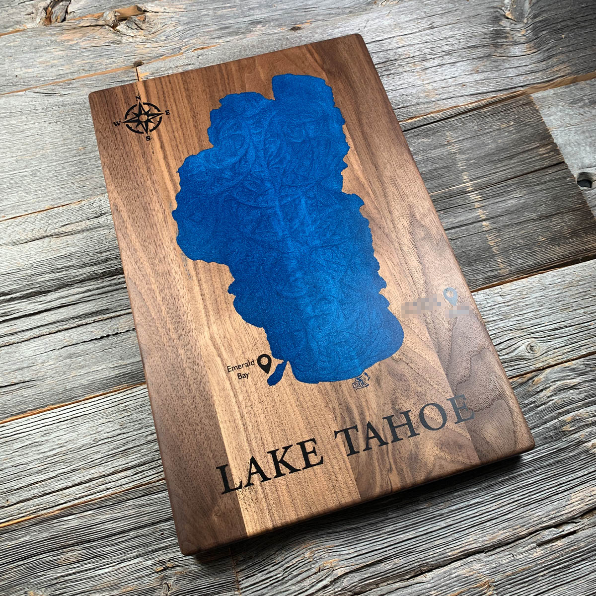 Epoxy map of Lake Tahoe, California, USA, handmade by Keyway
