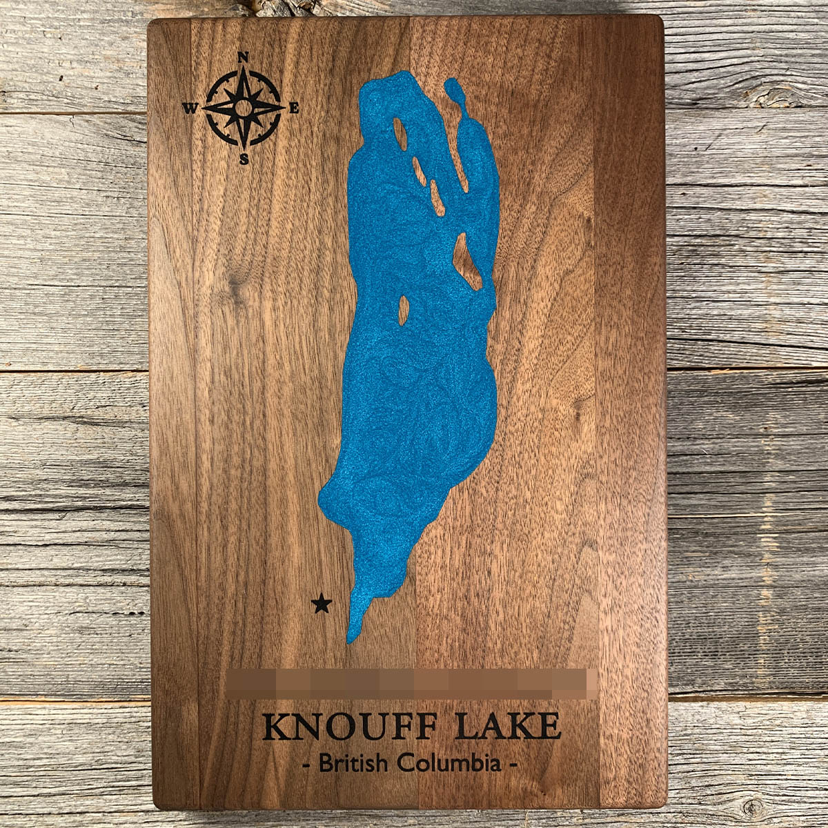 Epoxy map of Knouff Lake, Kamloops, British Columbia, Canada, handmade by Keyway