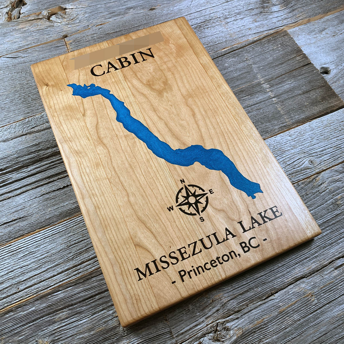Epoxy map of Missezula Lake, Princeton, British Columbia, Canada, handmade by Keyway