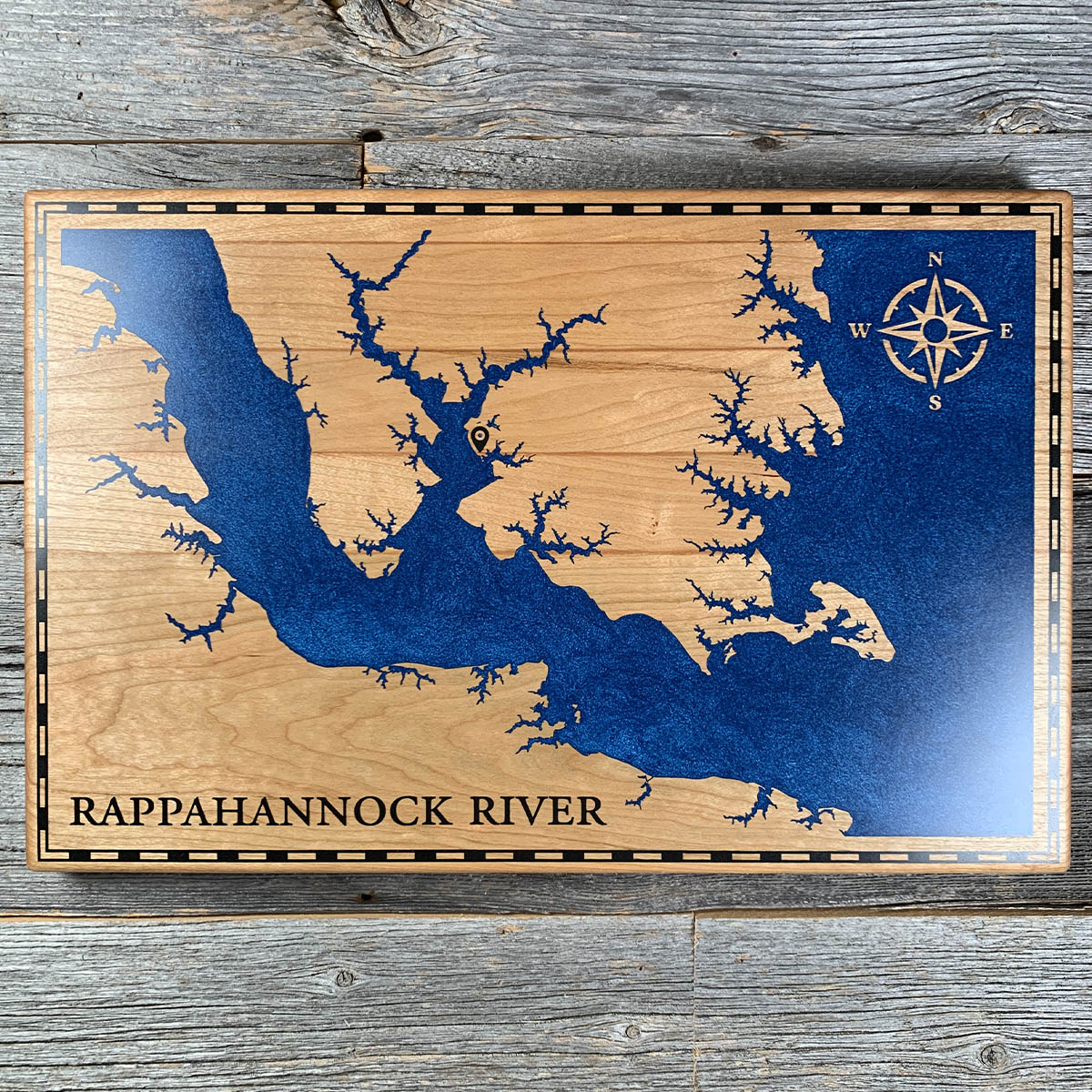 Epoxy map of Rappahannock River, Tidewater, Virginia, USA, handmade by Keyway