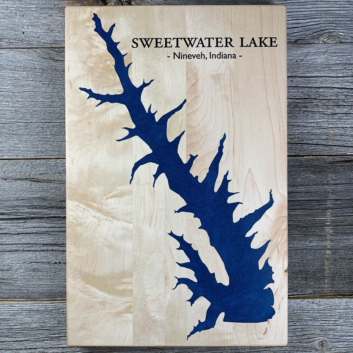 Epoxy map of Sweetwater Lake, Nineveh, Indiana, USA, handmade by Keyway