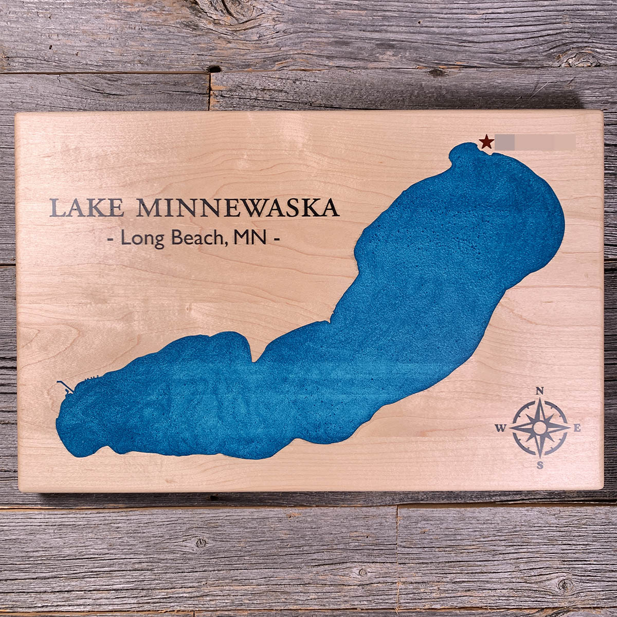 Epoxy map of Lake Minnewaska, Long Beach, Minnesota, USA, handmade by Keyway