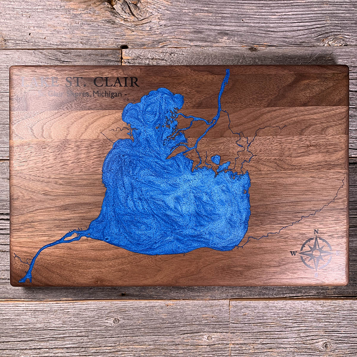 Epoxy map of Lake St Clair, St. Clair Shores, Michigan, USA, handmade by Keyway