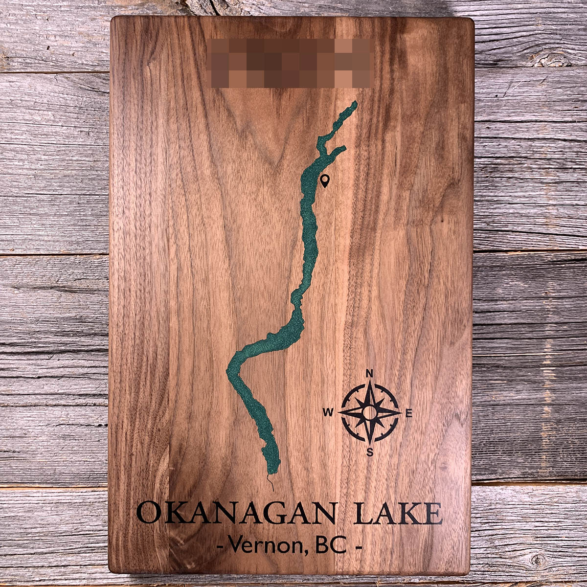 Epoxy map of Okanagan Lake, Vernon, British Columbia, Canada, handmade by Keyway
