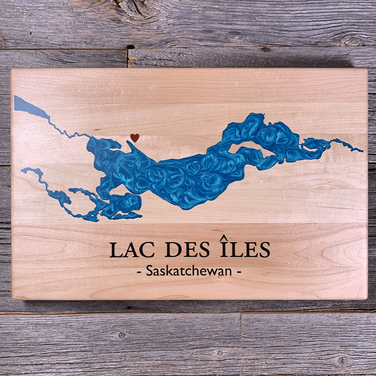 Epoxy map of Lac des Îles, Meadow Lake, Saskatchewan, Canada, handmade by Keyway