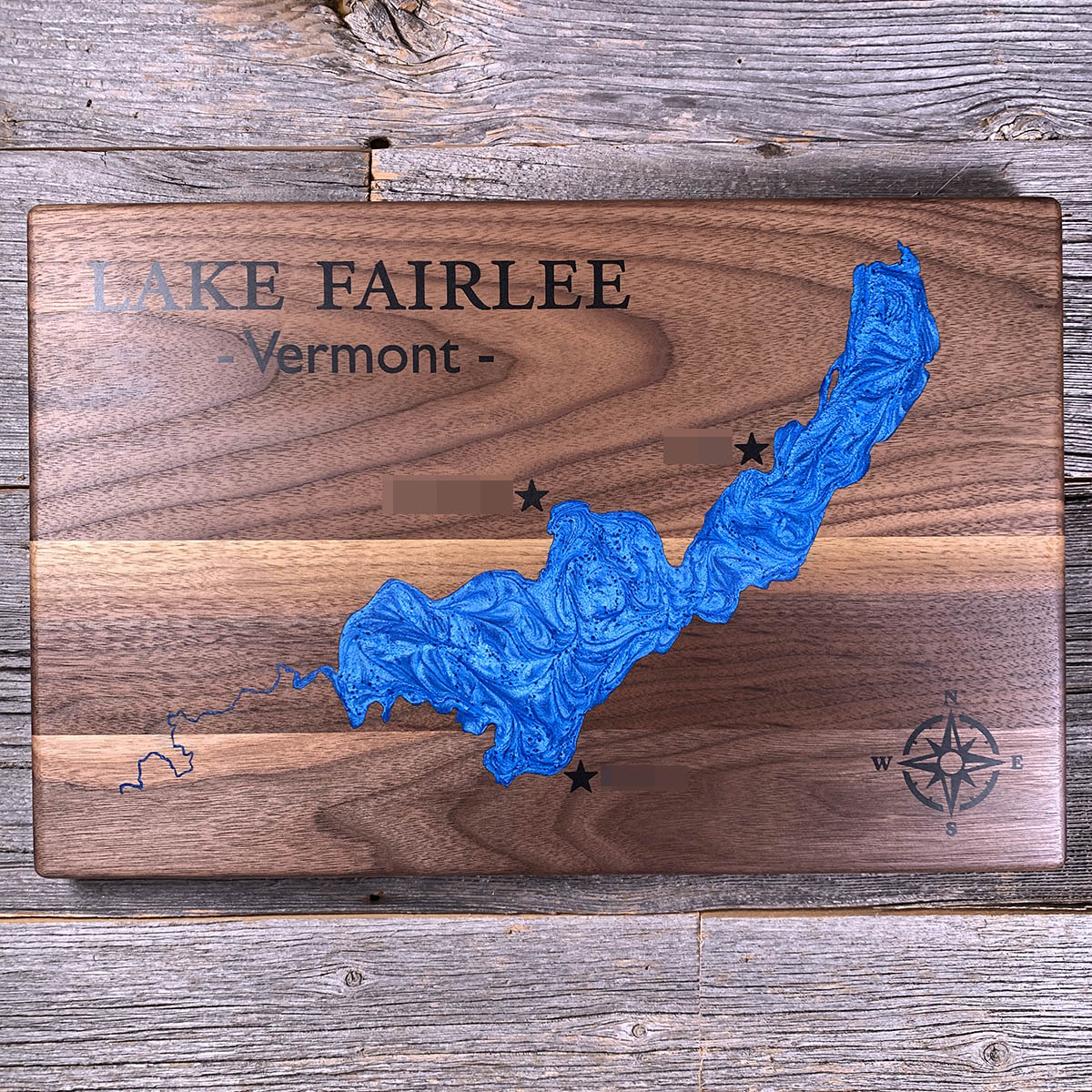 Epoxy map of Lake Fairlee, Upper Valley, Vermont, USA, handmade by Keyway