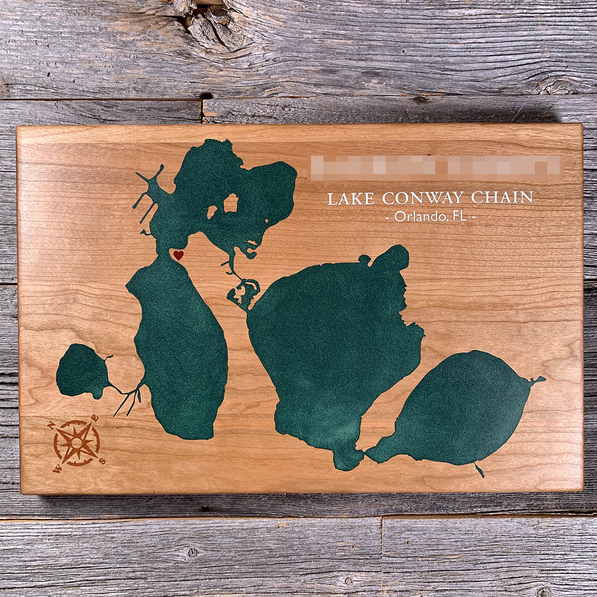 Epoxy map of Lake Conway, Orlando, Florida, USA, handmade by Keyway