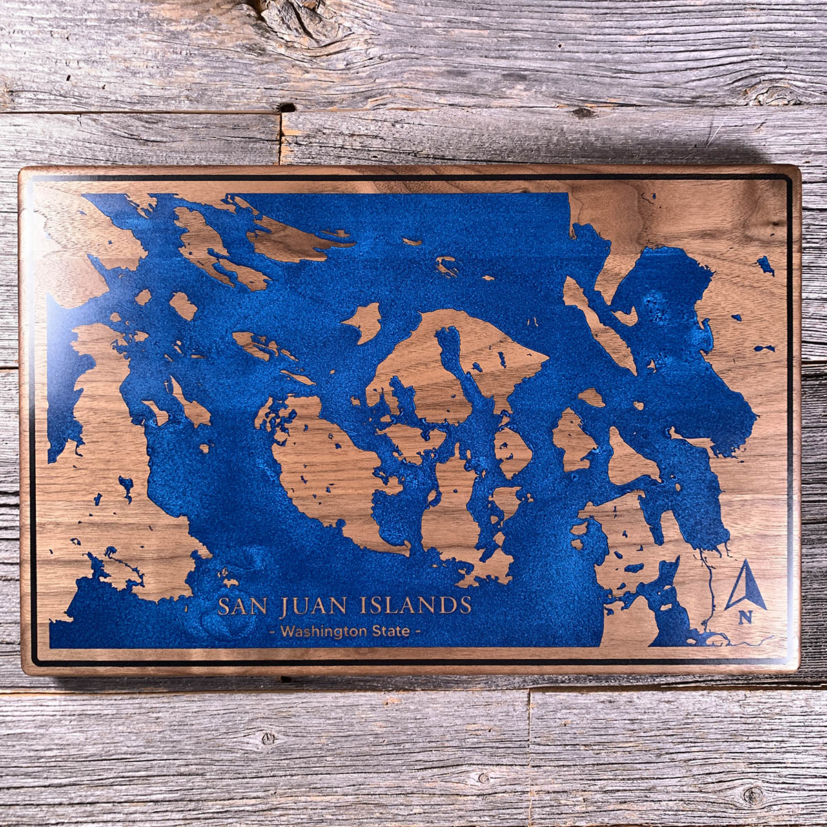 Epoxy map of San Juan Islands, Washington, USA, handmade by Keyway