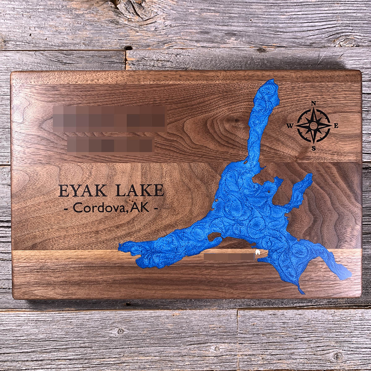 Epoxy map of Eyak Lake, Cordova, Alaska, USA, handmade by Keyway