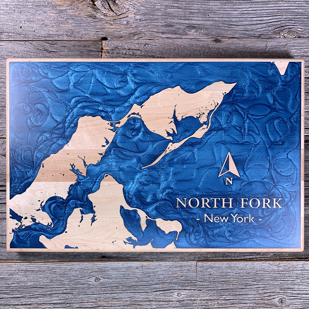 Epoxy map of North Fork, Suffolk County, New York, USA, handmade by Keyway