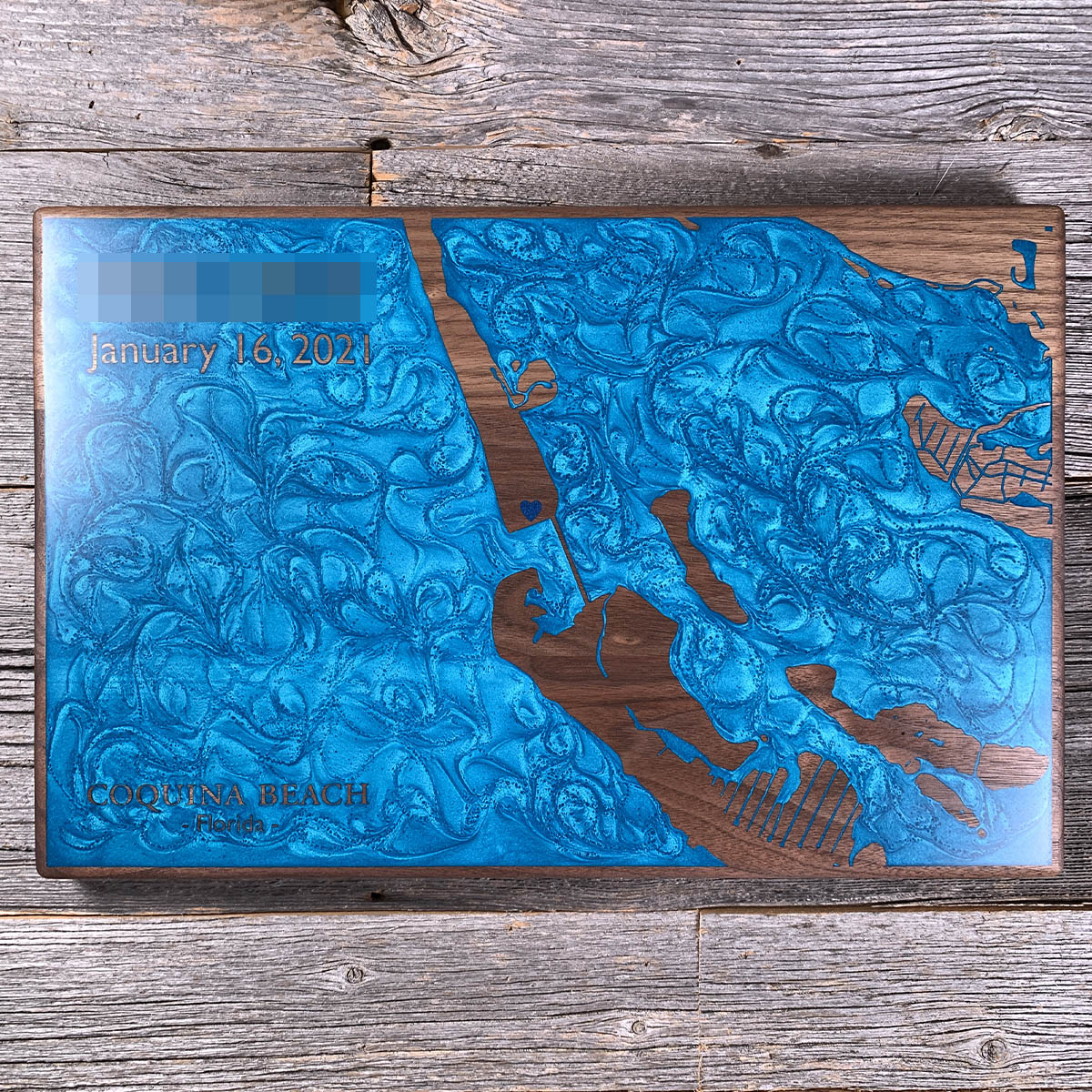 Epoxy map of Coquina Beach, Bradenton Beach, Florida, USA, handmade by Keyway