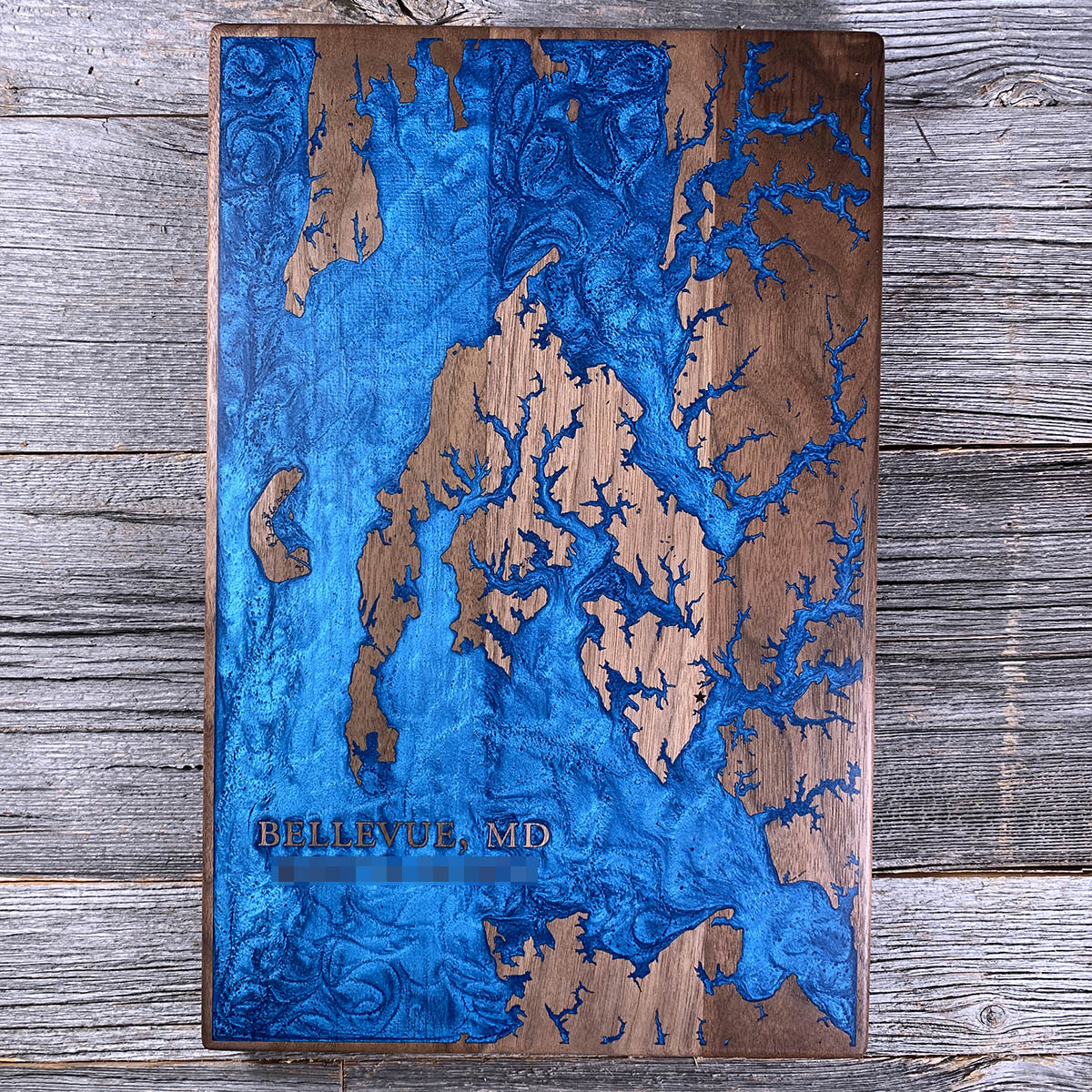 Epoxy map of Bellevue, Talbot County, Maryland, USA, handmade by Keyway