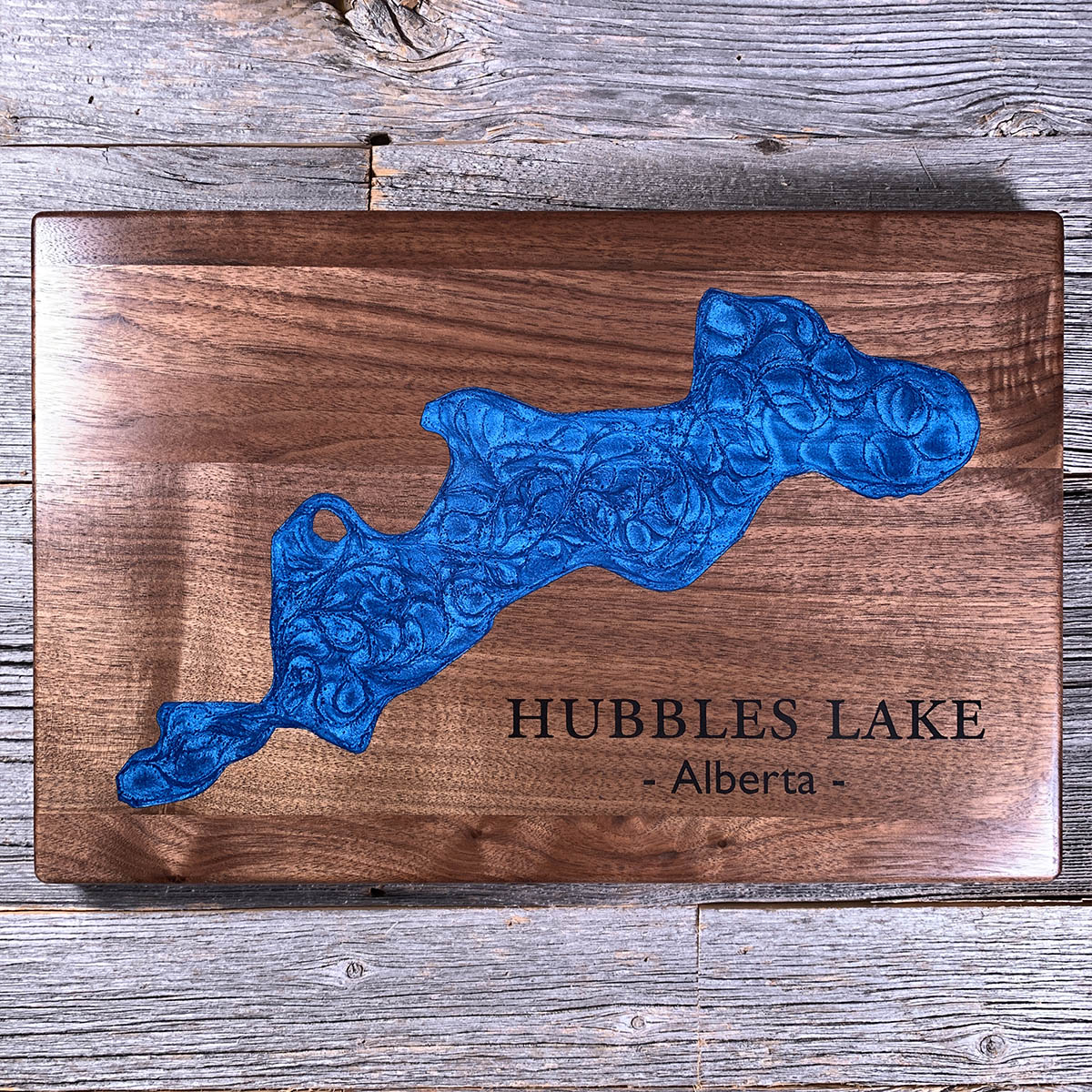 Epoxy map of Hubbles Lake, Parkland County, Alberta, Canada, handmade by Keyway