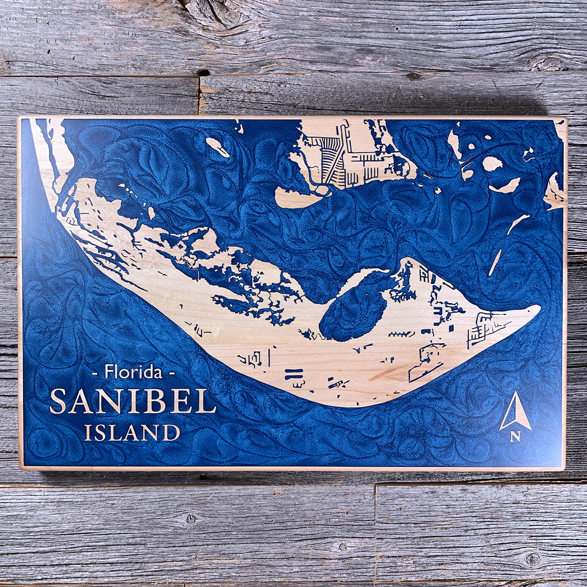 Epoxy map of Sanibel Island, Florida, USA, handmade by Keyway