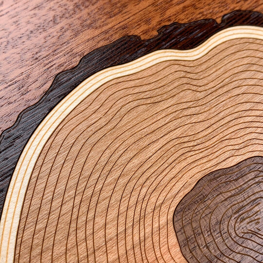 Zoomed in detailed shot of the Arbor case featuring a tight pattern of Walnut, Wenge, Maple, and Padauk wood