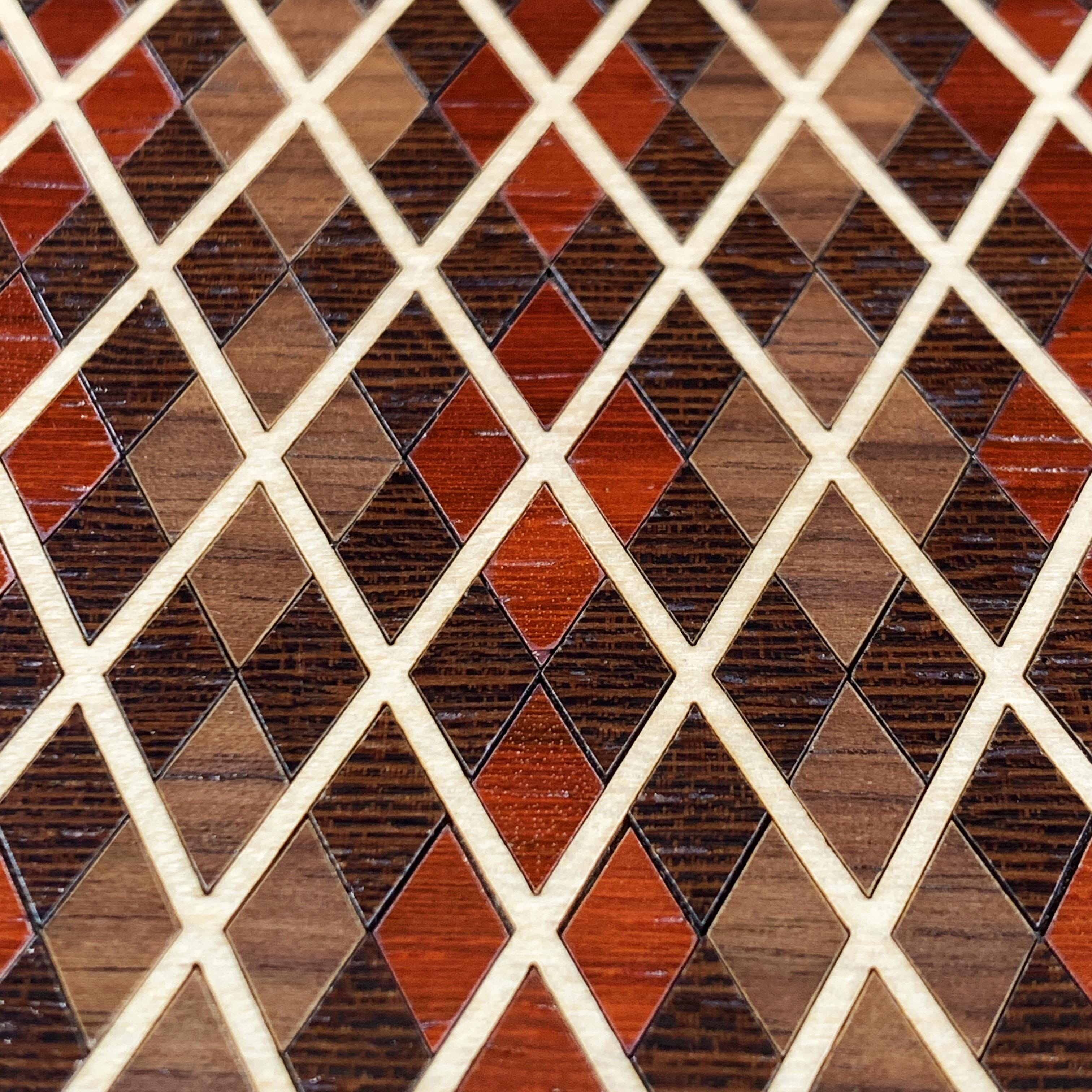 Head-on zoomed in detailed shot of the Argyle case featuring a tight pattern of Walnut, Wenge, Maple, and Padauk wood