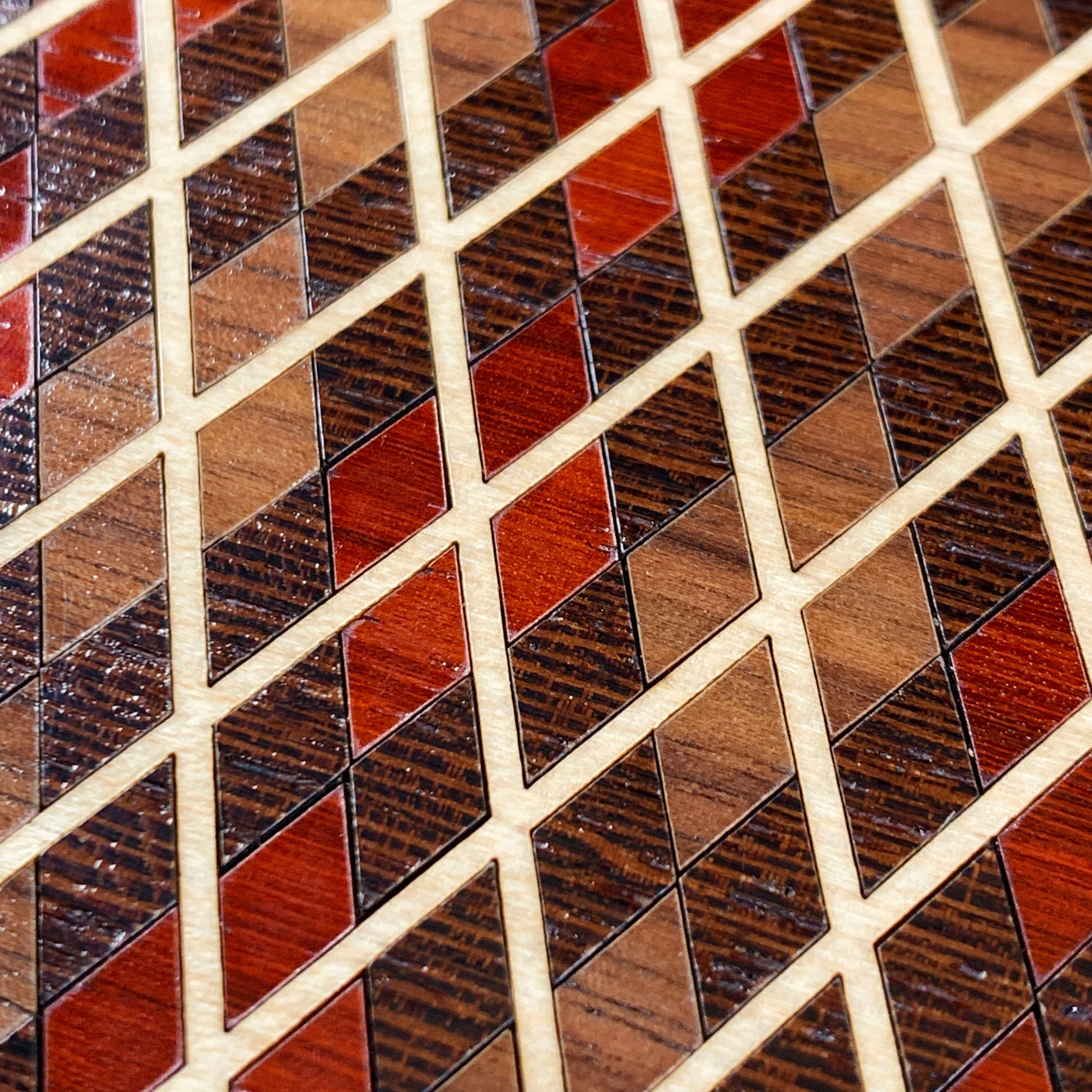 Zoomed in detailed shot of the Argyle case featuring a tight pattern of Walnut, Wenge, Maple, and Padauk wood