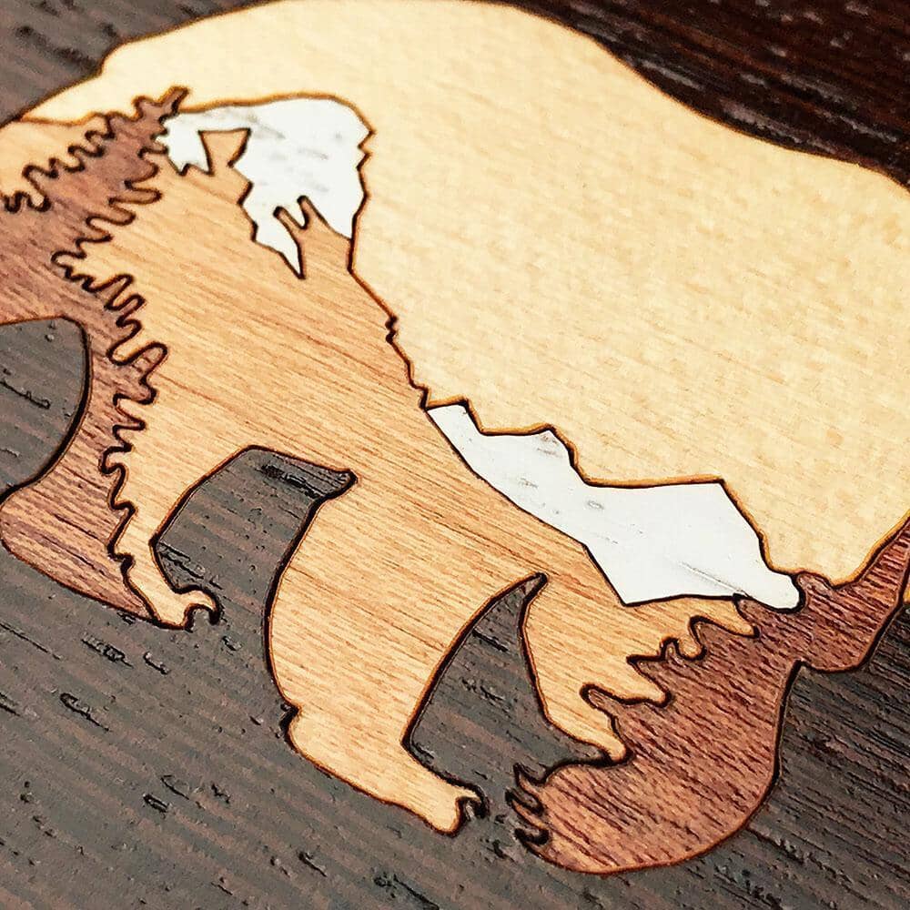Zoomed in detailed shot of the Bear Mountain wood phone case featuring Wenge, Sapele, Cherry, Maple, and White-Painted Walnut