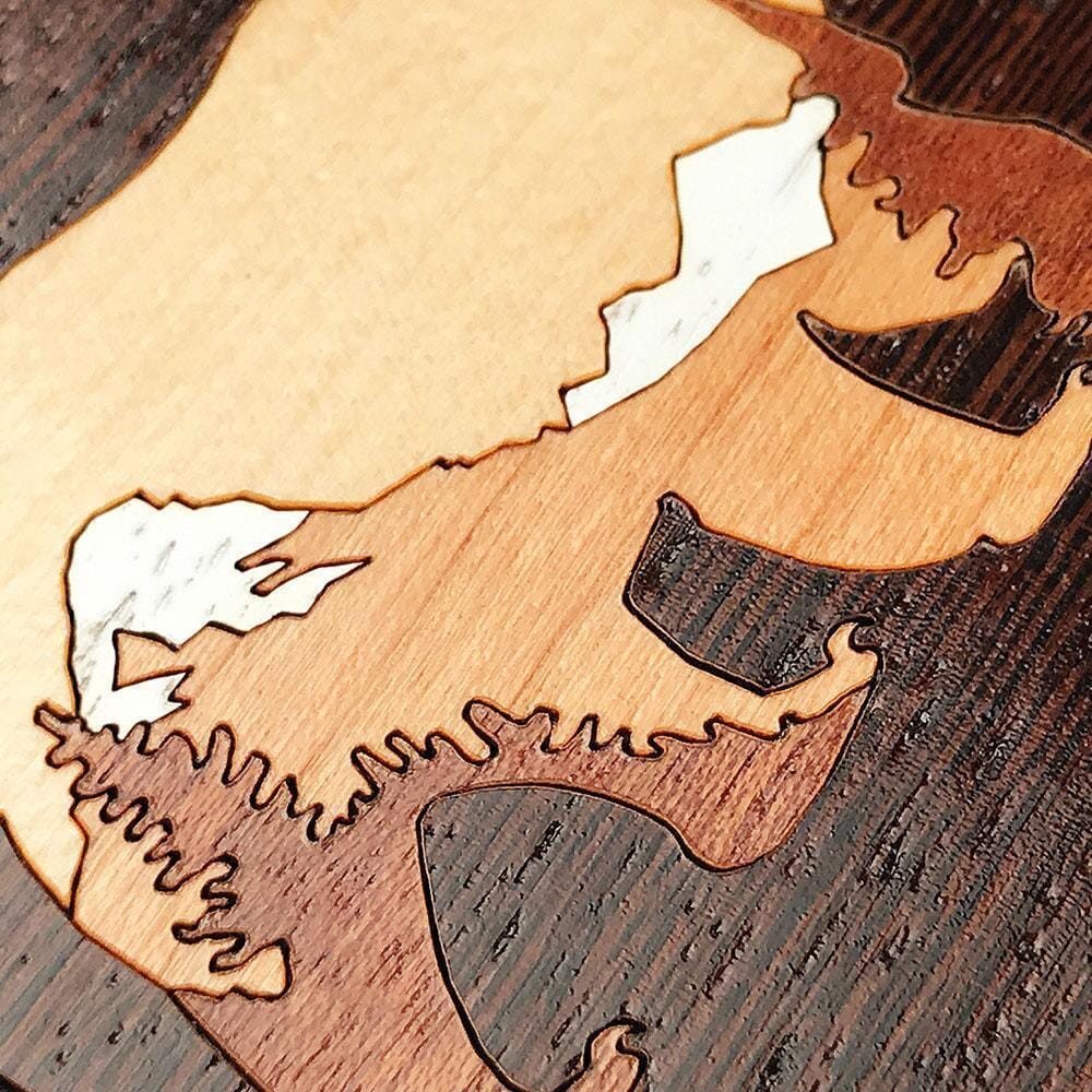 Zoomed in detailed shot of the Bear Mountain wood phone case featuring Wenge, Sapele, Cherry, Maple, and White-Painted Walnut