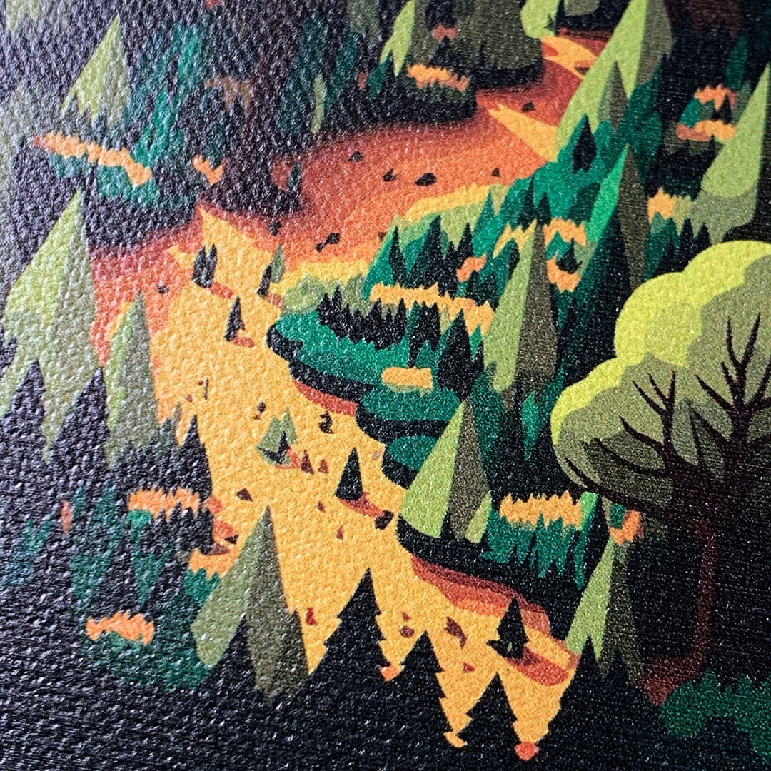 Zoomed in detailed shot of the stylized quiet forest path winding through the evergreen trees printed on cotton canvas phone case by Keyway