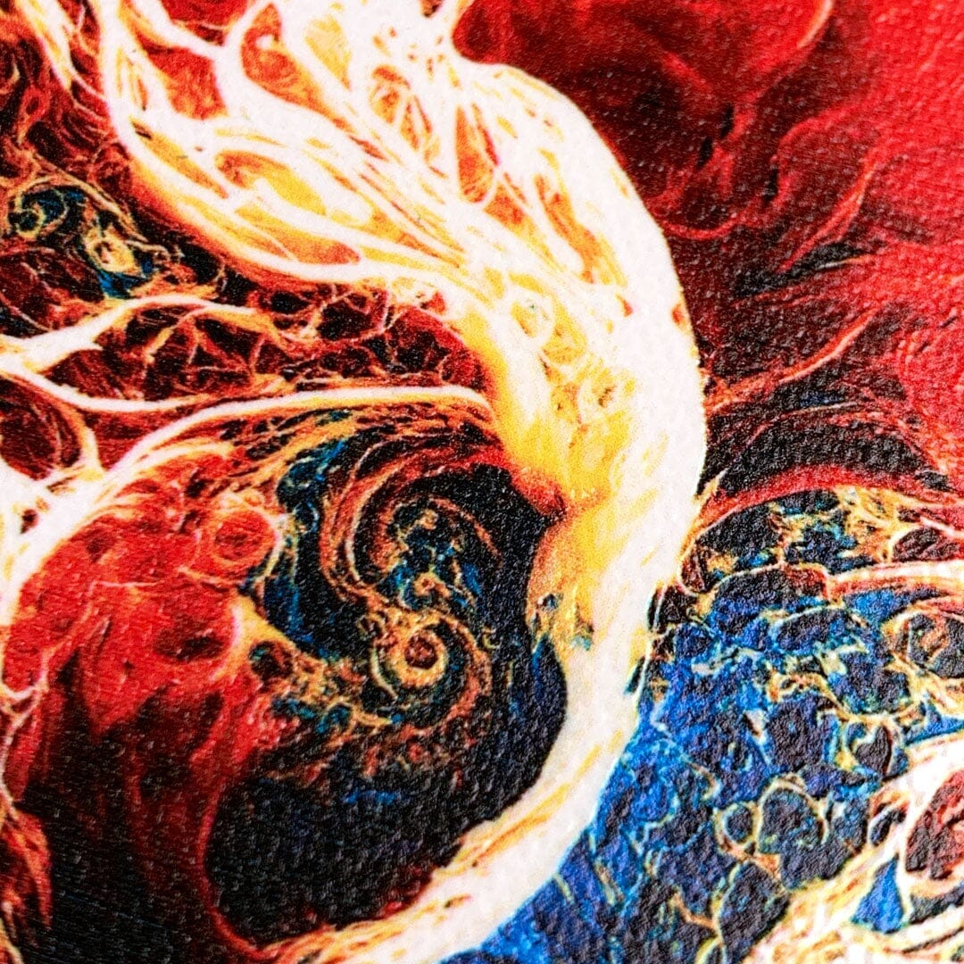 Zoomed in detailed shot of the stylized AI generated art print created by John Wingfield printed on cotton canvas phone case by Keyway