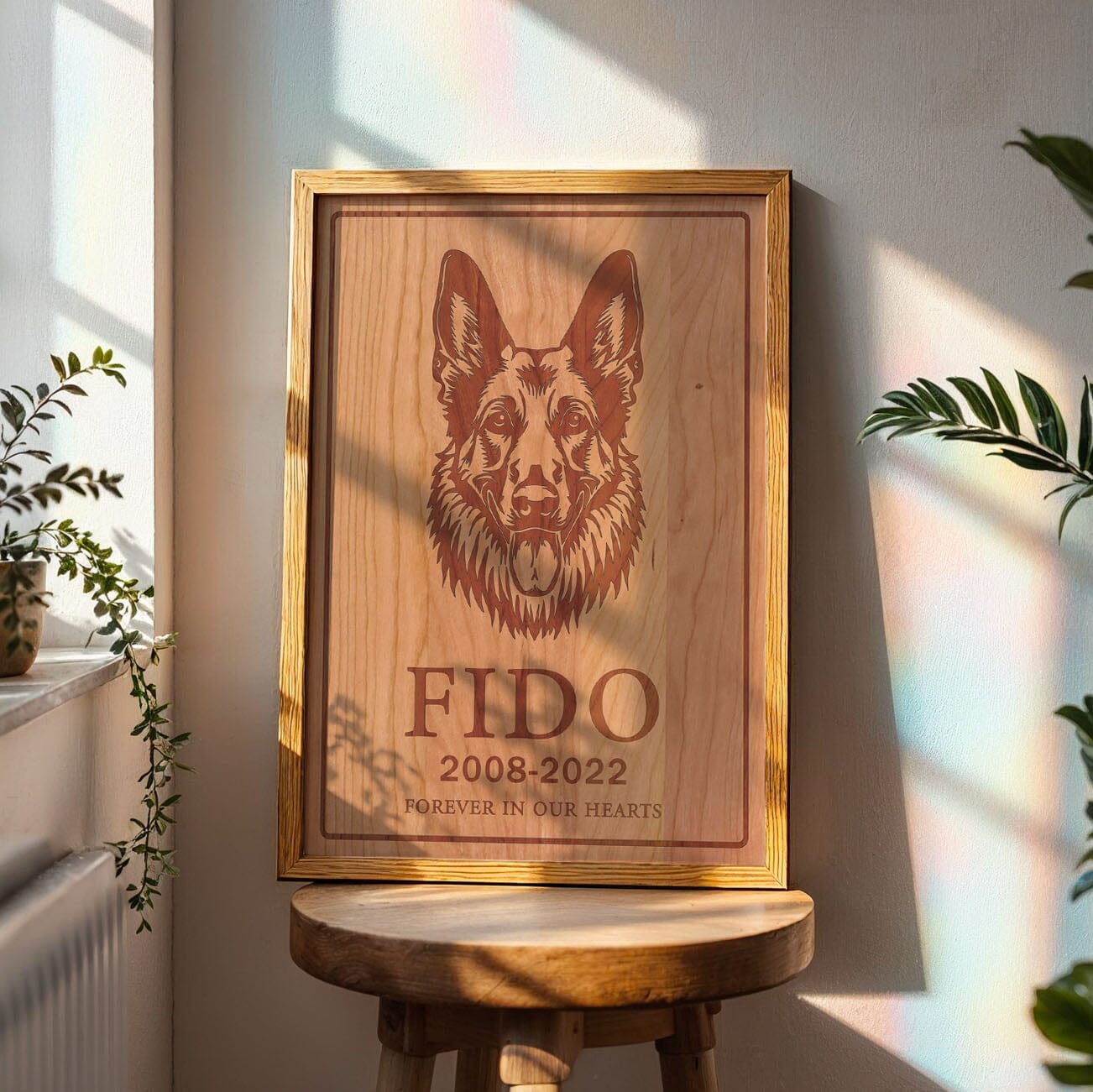 Framed laser-engraved wooden memorial board honoring a beloved dog, displayed in a bright and airy home interior. Crafted on natural maple with detailed engraving, offering a heartfelt tribute for pet lovers.