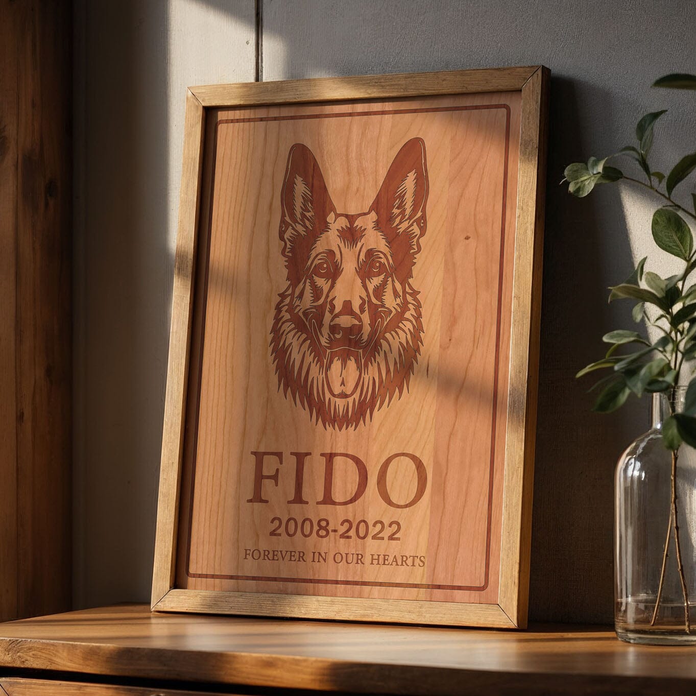 Custom engraved wooden dog memorial art piece in a warm, rustic interior setting. The elegant maple wood and precise engraving create a timeless remembrance and thoughtful home accent.