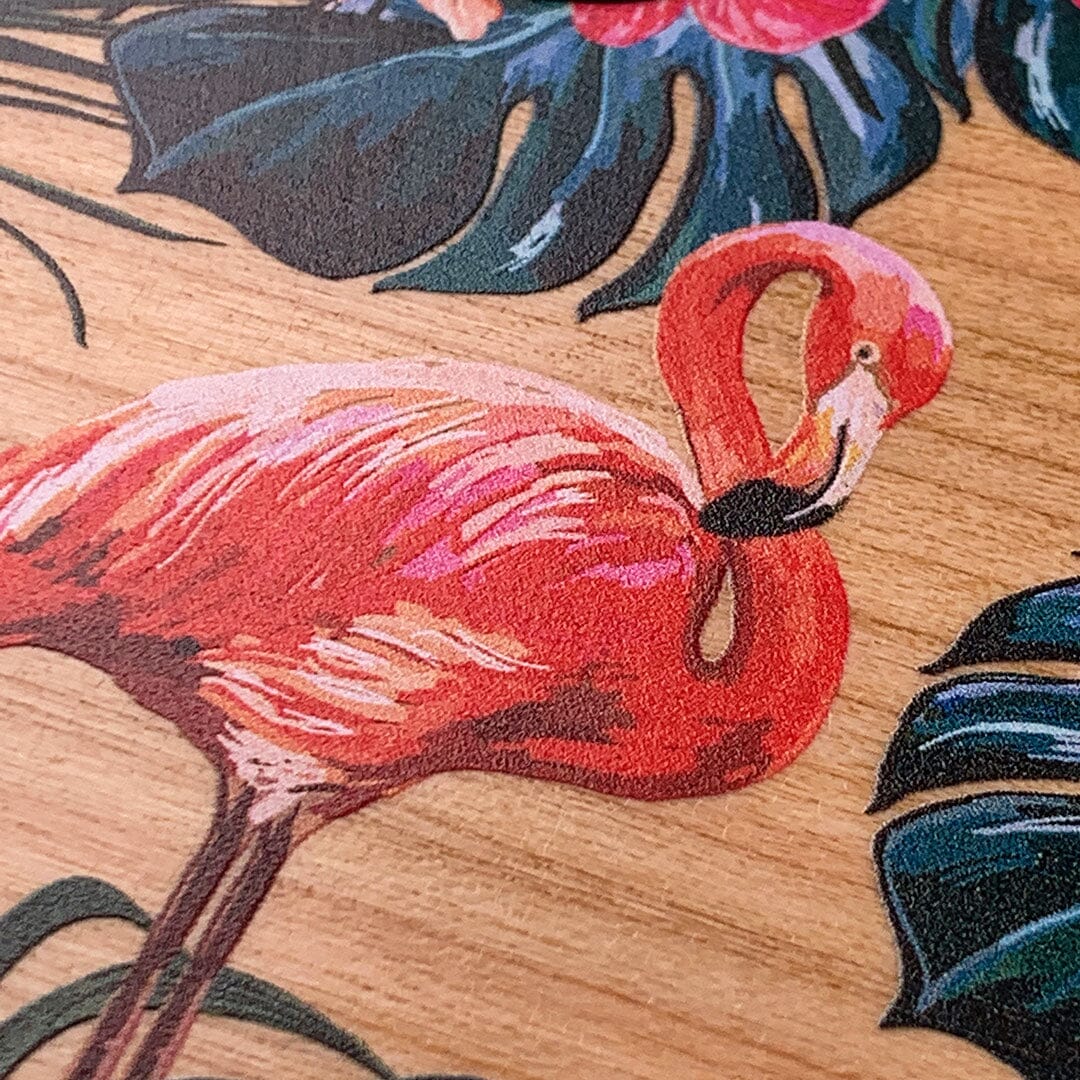 Zoomed in detailed shot of the Flamingo & Floral printed Cherry Wood phone case by Keyway