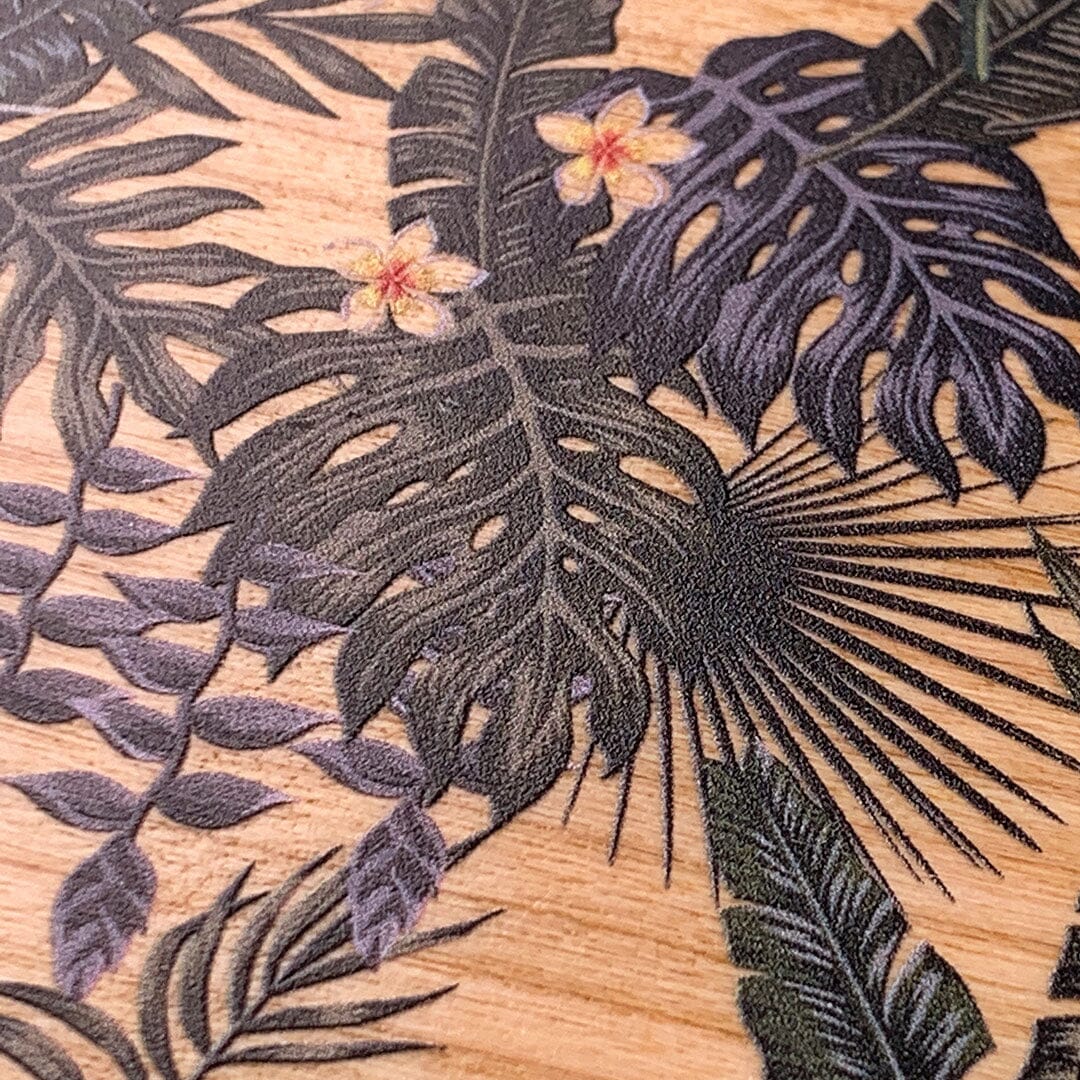 Zoomed in detailed shot of the Flora tropical leaf printed Cherry Wood phone case design by Keyway