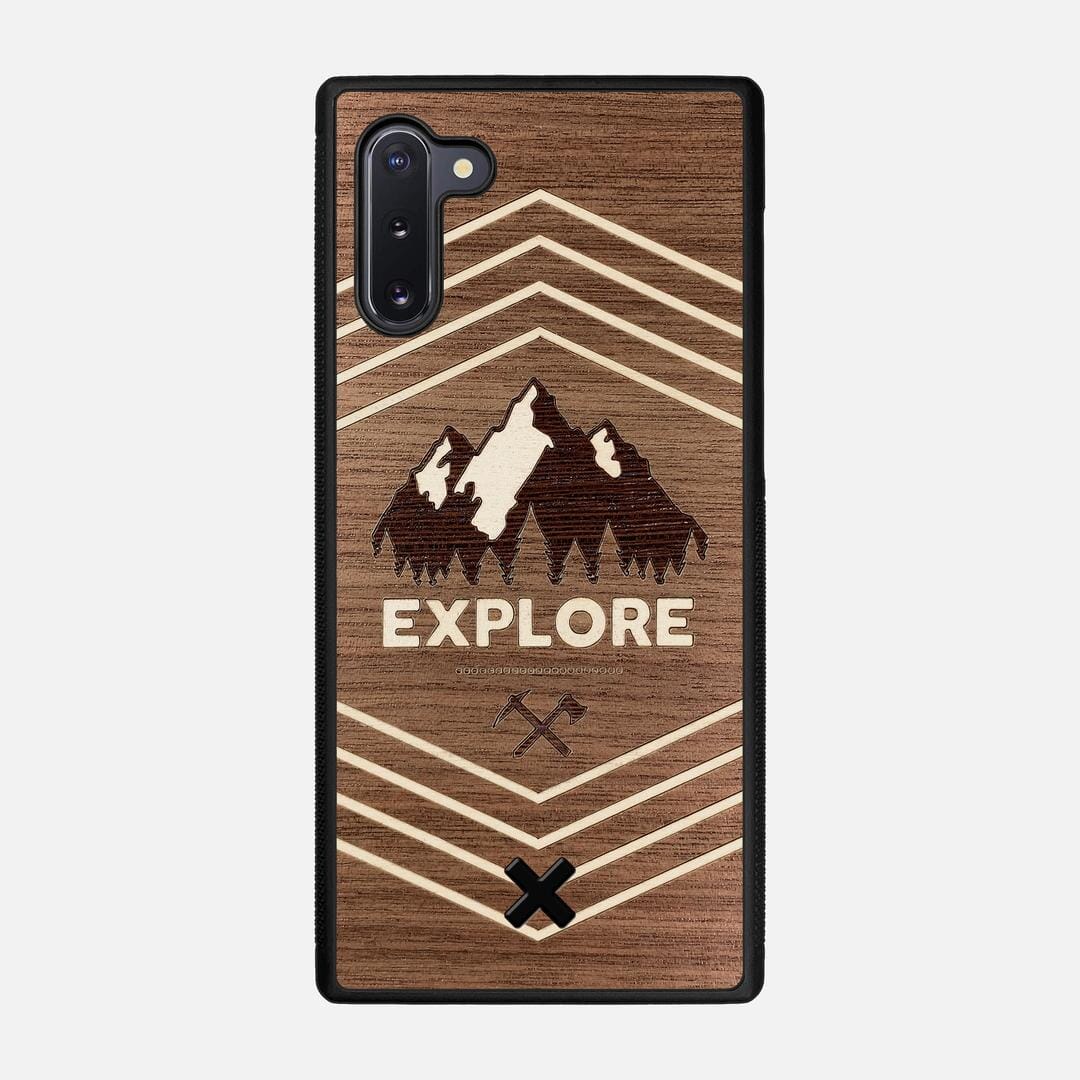 Explore Case for the Samsung Galaxy Note 10 featuring a Wenge and Maple Mountain Range inlay on a Walnut Wood backer with the Keyway X Mark#Phone Model_Galaxy Note 10