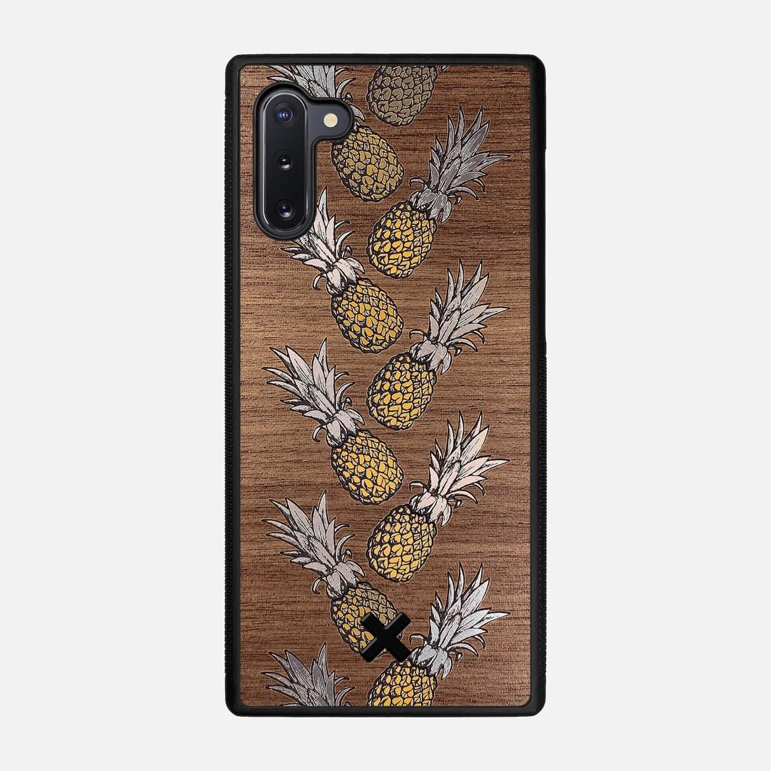 Pineapple Case for the Samsung Galaxy Note 10 featuring a repeating gold and silver Pineapple inlay on a Walnut Wood backer with the Keyway X Mark#Phone Model_Galaxy Note 10