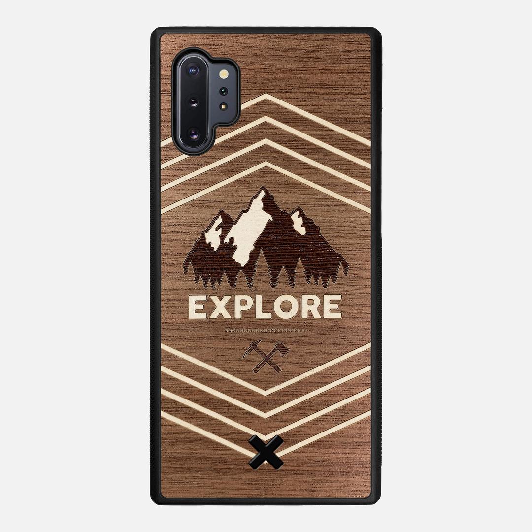 Explore Case for the Samsung Galaxy Note 10 Plus featuring a Wenge and Maple Mountain Range inlay on a Walnut Wood backer with the Keyway X Mark#Phone Model_Galaxy Note 10 Plus