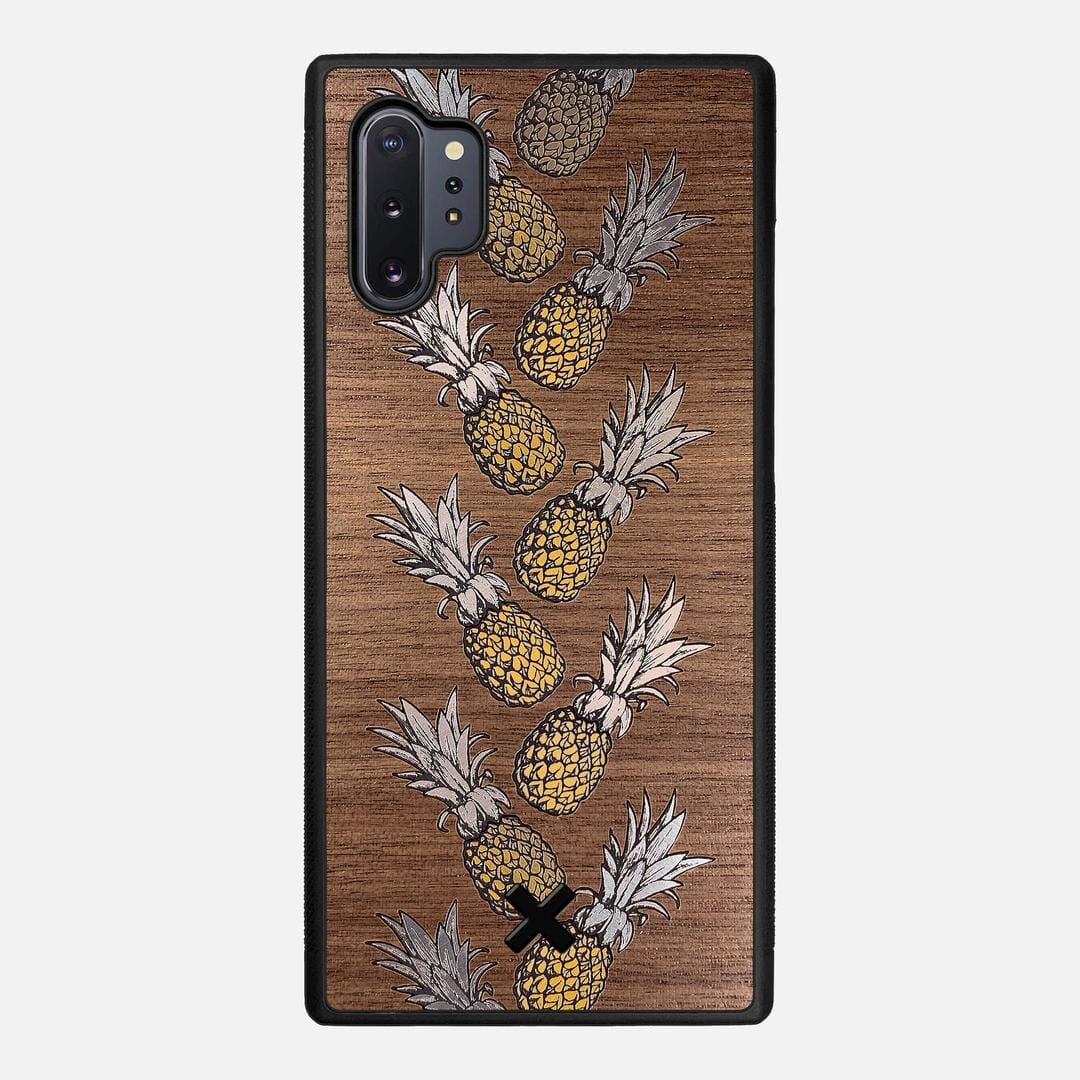 Pineapple Case for the Samsung Galaxy Note 10 Plus featuring a repeating gold and silver Pineapple inlay on a Walnut Wood backer with the Keyway X Mark#Phone Model_Galaxy Note 10 Plus