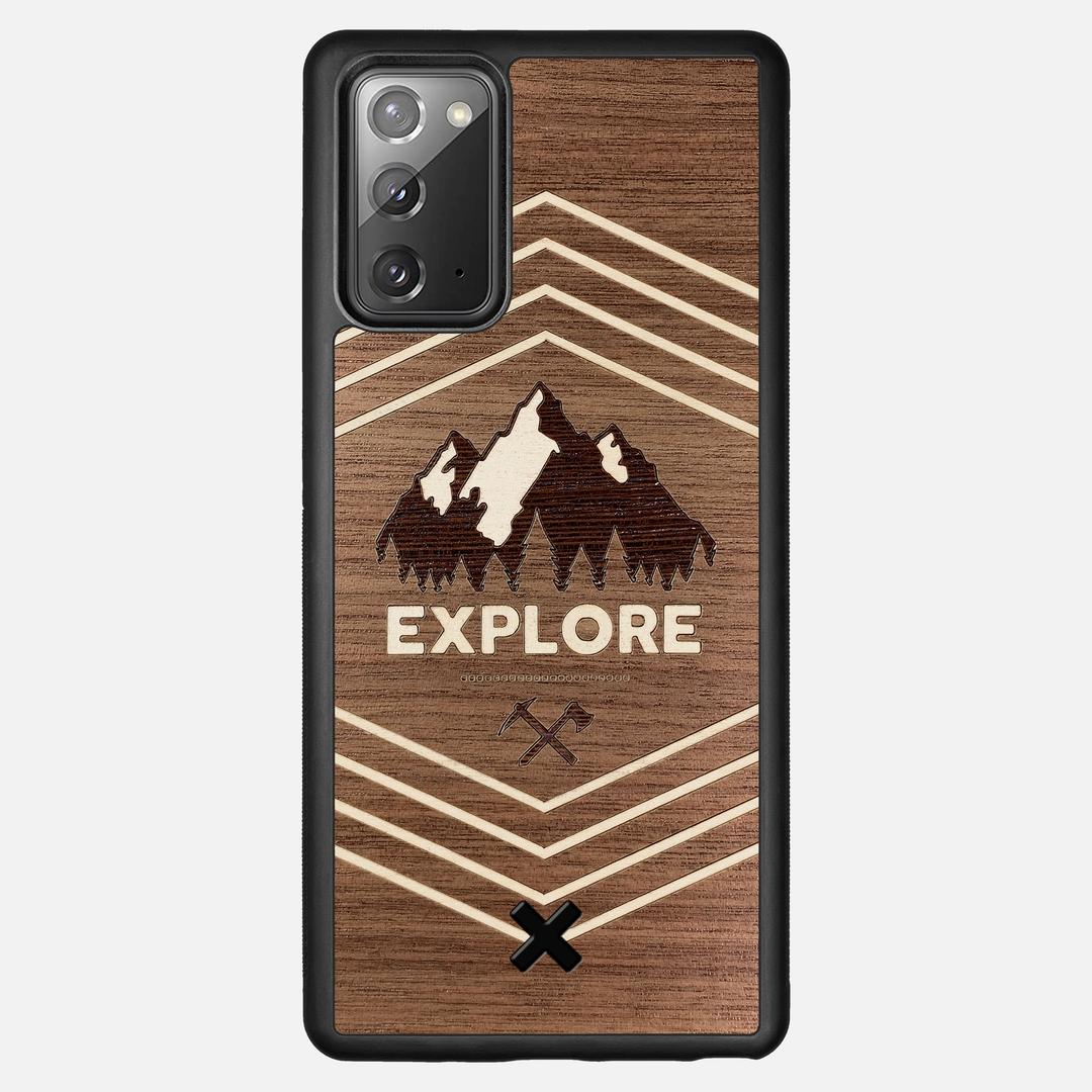 Explore Case for the Samsung Galaxy Note 20 featuring a Wenge and Maple Mountain Range inlay on a Walnut Wood backer with the Keyway X Mark#Phone Model_Galaxy Note 20