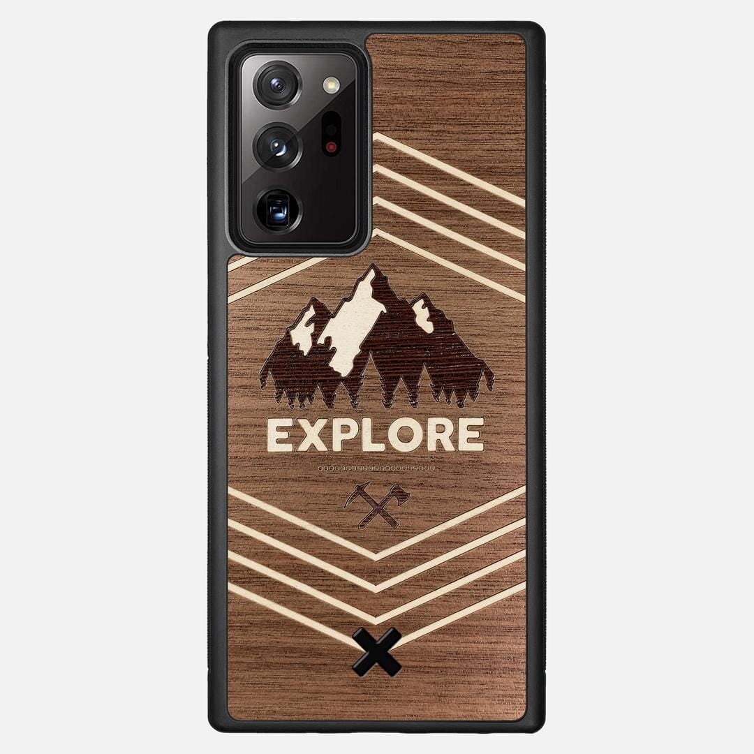 Explore Case for the Samsung Galaxy Note 20 Ultra featuring a Wenge and Maple Mountain Range inlay on a Walnut Wood backer with the Keyway X Mark#Phone Model_Galaxy Note 20 Ultra