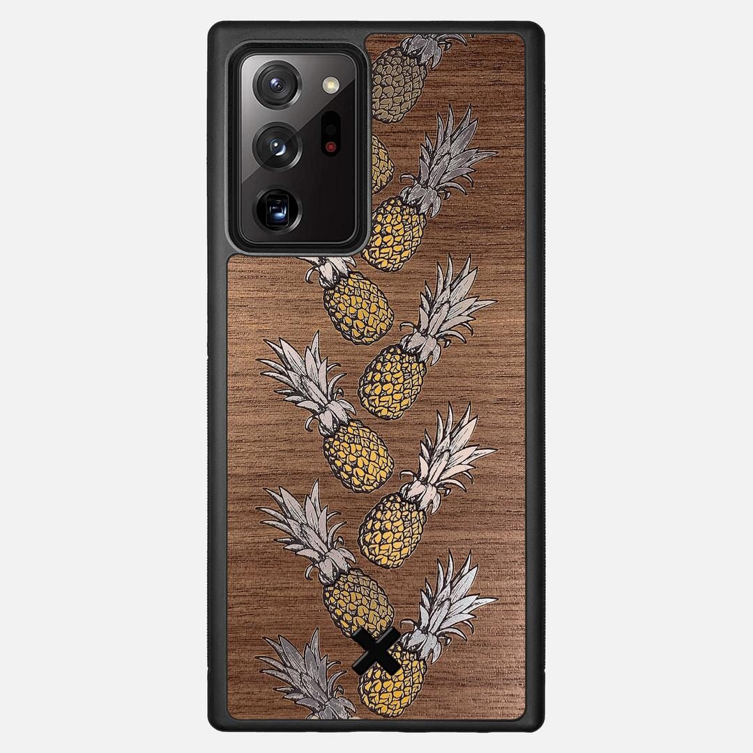 Pineapple Case for the Samsung Galaxy Note 20 Ultra featuring a repeating gold and silver Pineapple inlay on a Walnut Wood backer with the Keyway X Mark#Phone Model_Galaxy Note 20 Ultra