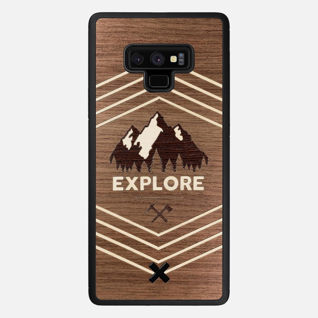 Explore Case for the Samsung Galaxy Note 9 featuring a Wenge and Maple Mountain Range inlay on a Walnut Wood backer with the Keyway X Mark#Phone Model_Galaxy Note 9