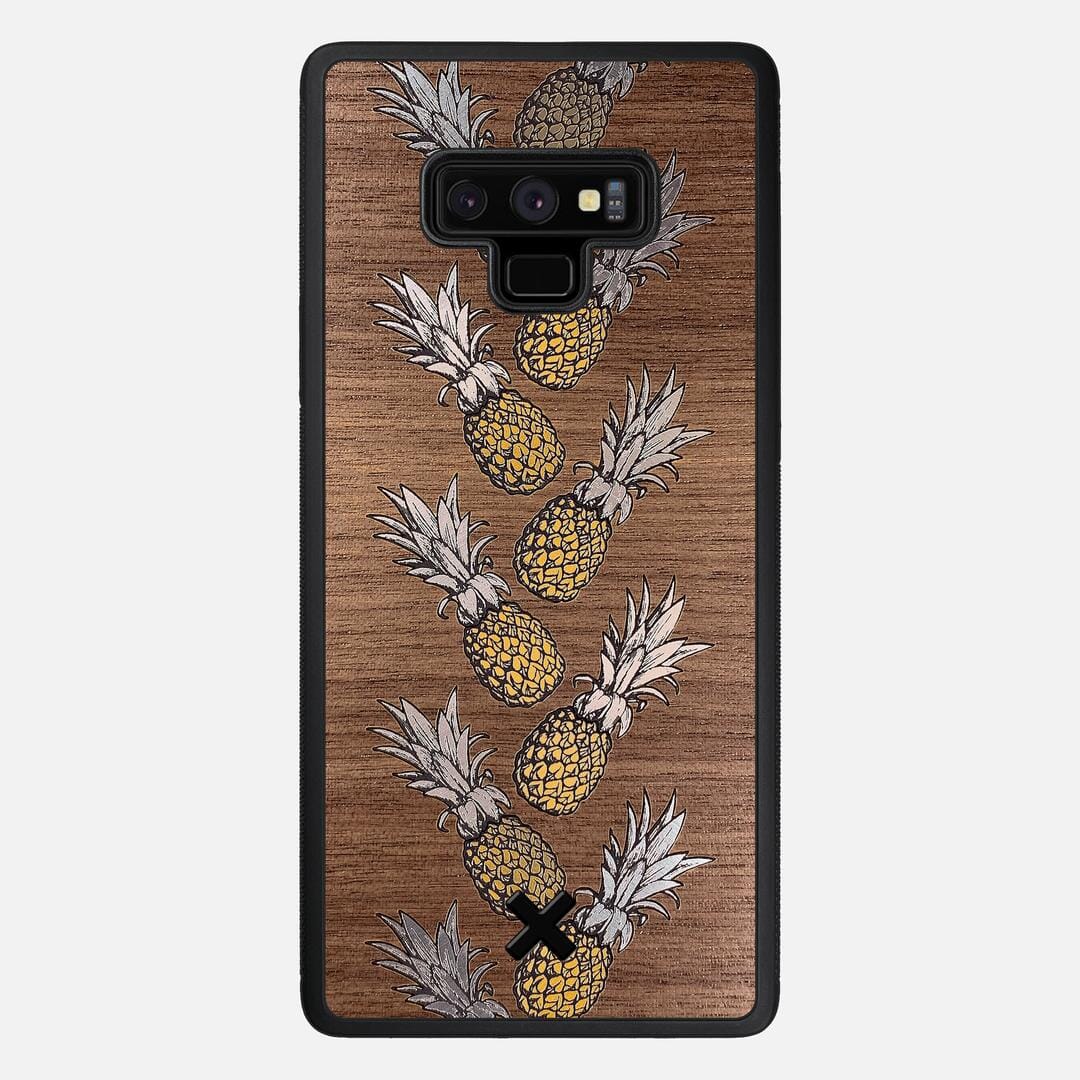 Pineapple Case for the Samsung Galaxy Note 9 featuring a repeating gold and silver Pineapple inlay on a Walnut Wood backer with the Keyway X Mark#Phone Model_Galaxy Note 9