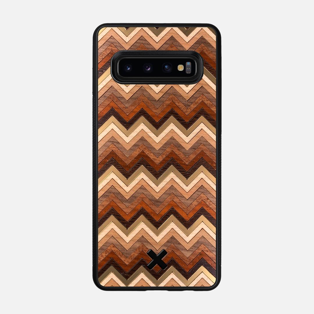 Echo Case for the Samsung Galaxy S10 featuring a zigzag Gold, Maple, Cherry, Walnut, Sapele, Padauk, and Wenge Wood backer with the Keyway X Mark#Phone Model_Galaxy S10