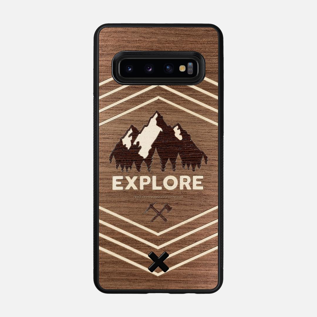 Explore Case for the Samsung Galaxy S10 featuring a Wenge and Maple Mountain Range inlay on a Walnut Wood backer with the Keyway X Mark#Phone Model_Galaxy S10