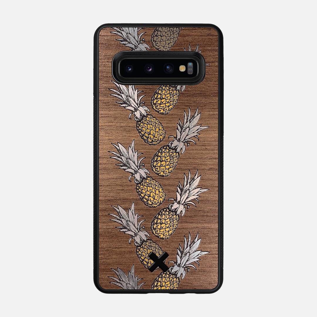 Pineapple Case for the Samsung Galaxy S10 featuring a repeating gold and silver Pineapple inlay on a Walnut Wood backer with the Keyway X Mark#Phone Model_Galaxy S10