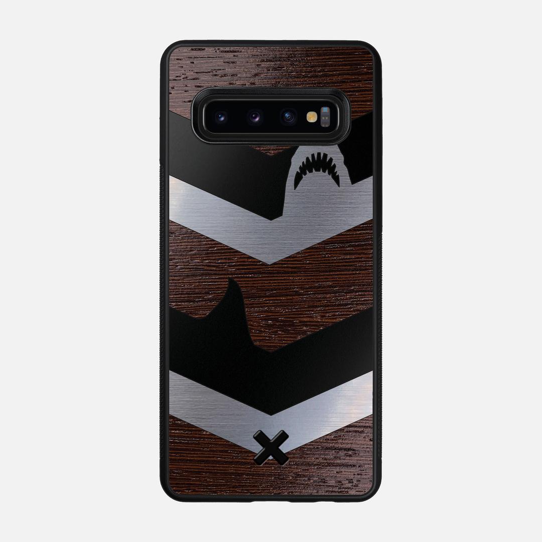 Shark Chevron Case for the Samsung Galaxy S10 featuring an Engraved Silver and Wenge Wood backer with the Keyway X Mark#Phone Model_Galaxy S10