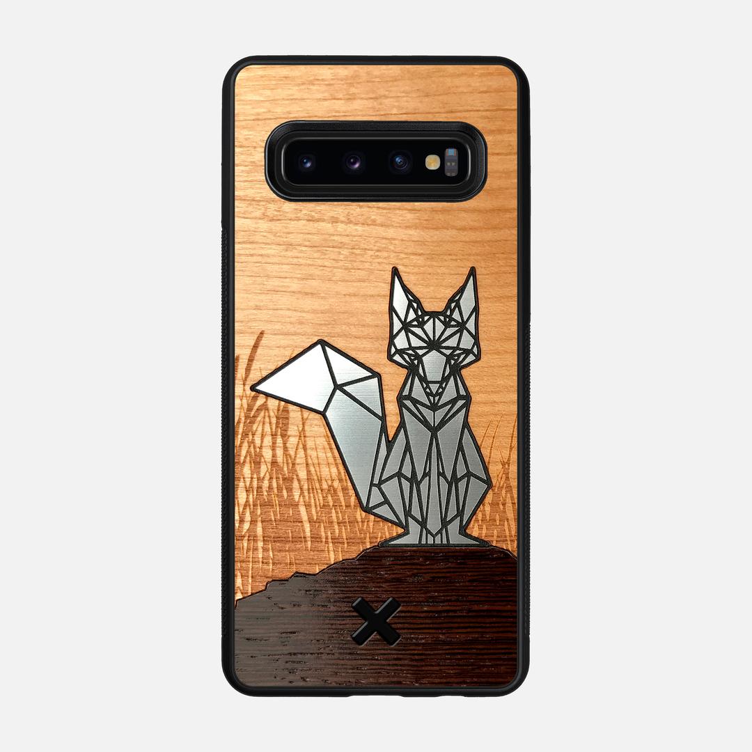 Silver Fox Case for the Samsung Galaxy S10 featuring an Engraved Silver, Cherry, and Wenge Wood backer with the Keyway X Mark#Phone Model_Galaxy S10