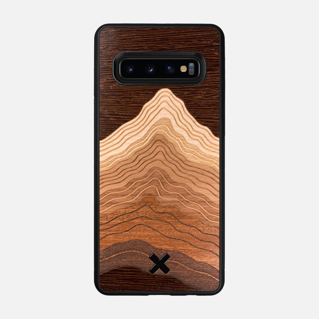 Summit Case for the Samsung Galaxy S10 featuring a mountain of Wenge, Maple, Cherry, and Sapele Wood backer with the Keyway X Mark#Phone Model_Galaxy S10