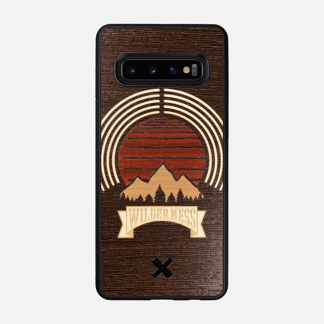 Wilderness Case for the Samsung Galaxy S10 featuring a Maple, Padauk, and Cherry Sunset inlay on a Wenge Wood backer with the Keyway X Mark#Phone Model_Galaxy S10