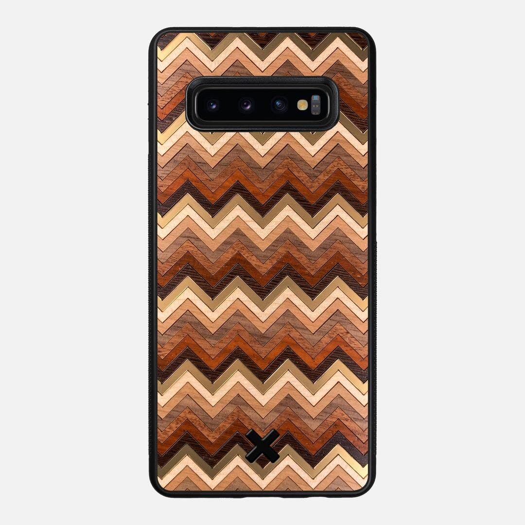 Echo Case for the Samsung Galaxy S10 Plus featuring a zigzag Gold, Maple, Cherry, Walnut, Sapele, Padauk, and Wenge Wood backer with the Keyway X Mark#Phone Model_Galaxy S10 Plus